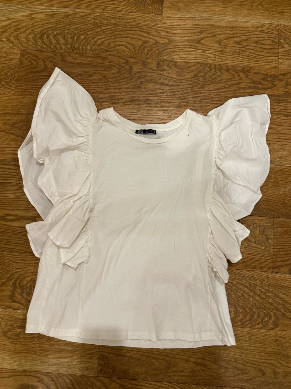 Zara White Ruffle-Sleeve Cotton Tee